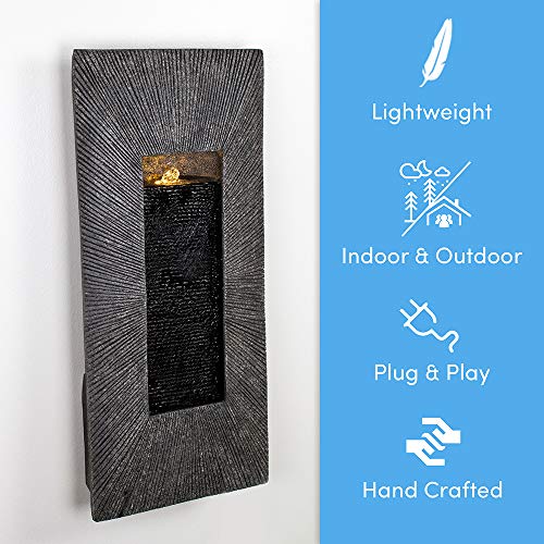 Rectangle, Indoor/Outdoor Wall Fountain 24" x 11" | Handcrafted Natural Stone Look with LED Lights, Adjustable Speed, Calming Waterfall Sounds | Made with Polyresin Material (Charcoal) ...