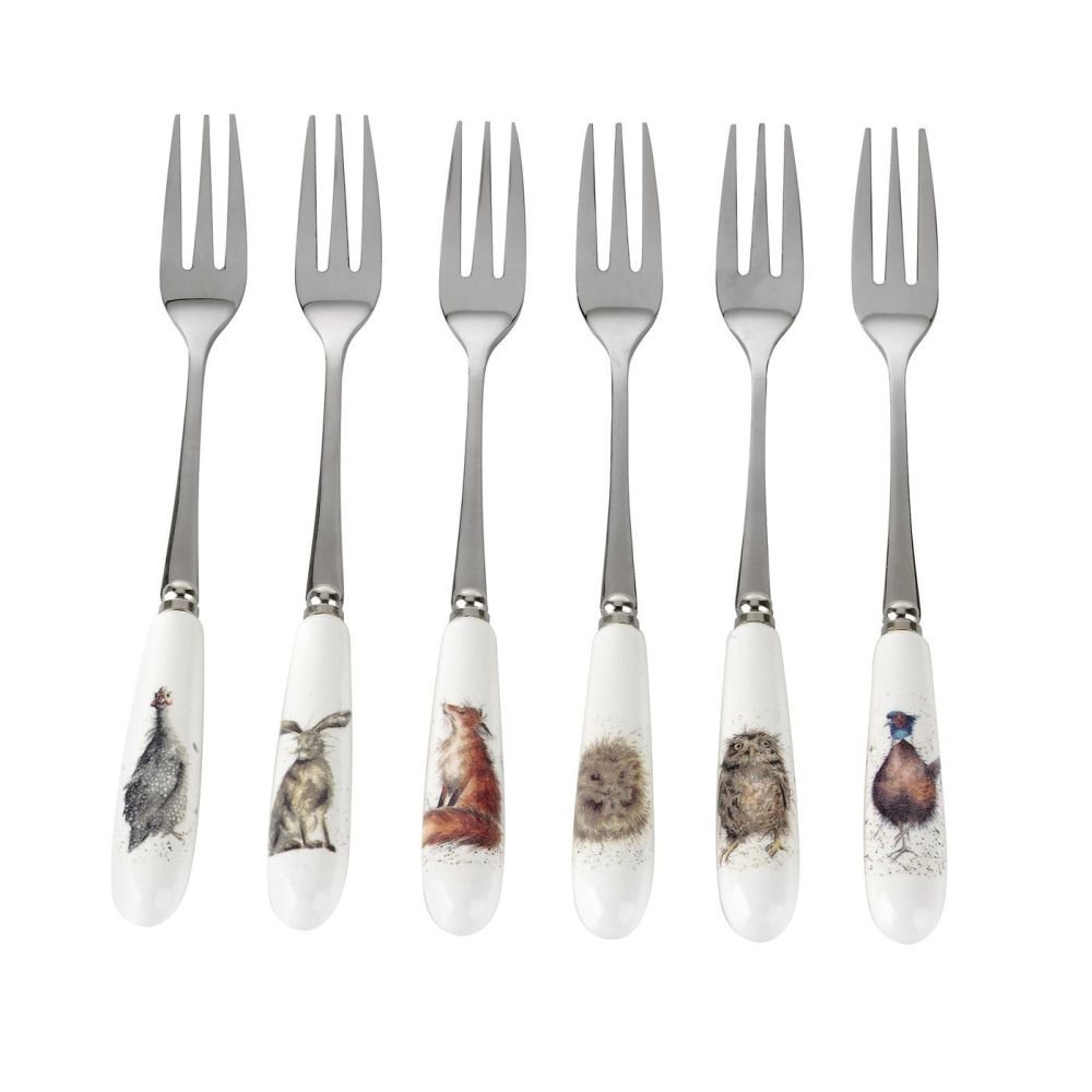 Royal Worcester x Wrendale Designs Set of 6 Pastry Forks - Stainless Steel with Porcelain Handles, Charming different Animal Designs, Durable and Perfect for Desserts or Everyday Use