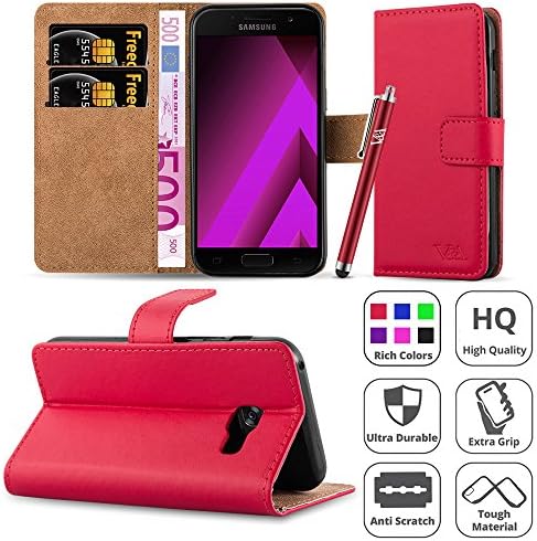 Galaxy A5 2017 Case, [Premium Leather] Wallet Book Card Case Cover Pouch For Samsung Galaxy A5 2017 [Free Screen Protector With Microfibre Polishing Cloth] &amp; [Free Touch Stylus] (Red)