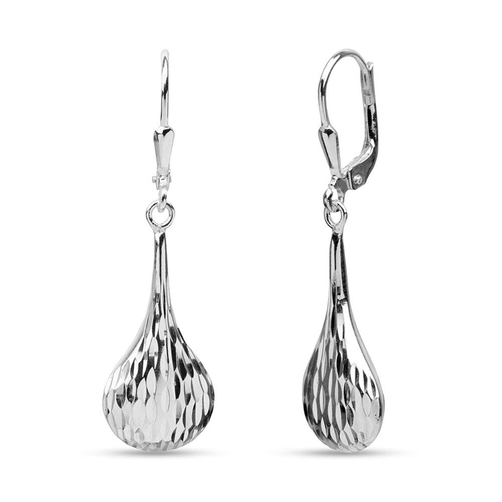 LeCalla Sterling Silver Dangle Earrings Jewelry Lightweight Diamond-Cut Tear-Drop Leverback Drop Earring for Women - 25MM