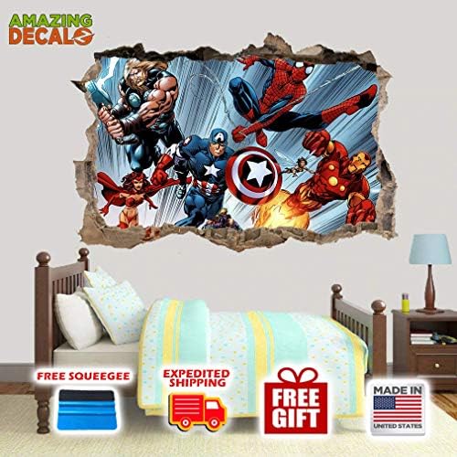 AMAZING DECALZ Marvel Super Heroes Comics Graphic Broken Wall 3D Sticker Decal Removable Mural Decor Art Wallpaper Baby Kids Children Nursery Living Room Peel& Stick Vinyl (XL (Height 30"x 45" Wide))