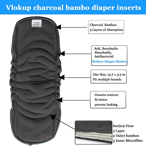 Vlokup Baby Cloth Diapers Inserts Overnight 5 Layer Infant Charcoal Bamboo Diaper Inserts Reusable Liners for Cloth Pocket Diapers with Gussets Wet and Dry Diaper Bag (Pack of 10) - Thumbnail 3