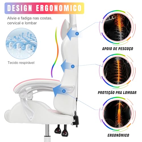 Cadeira Gamer RGB Python Fly com Iluminação Decorativa, Encosto Reclinável, Design Ergonômico para Escritório e Jogos (Rosa)