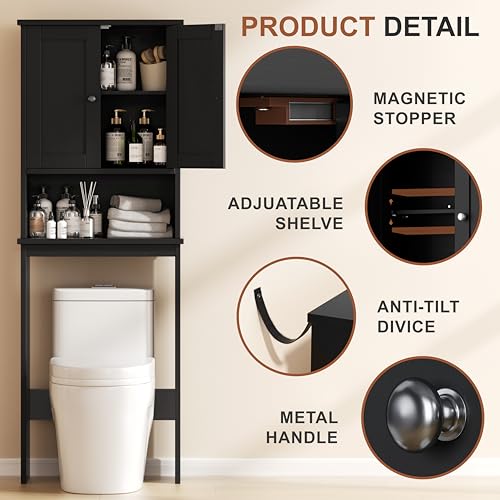 Shintenchi Over the Toilet Storage Cabinet, Bathroom Shelf Organizer with Anti-Tip Device Small Freestanding Space Saver with Adjustable Shelf, Black