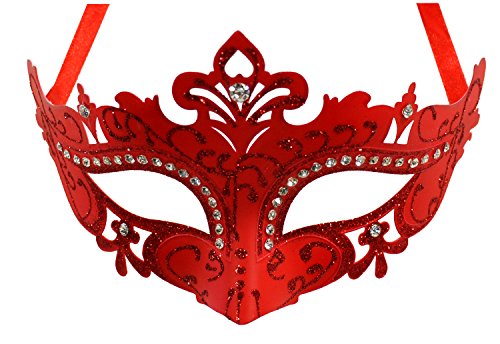 1Bay Women's Space Clear Rhinestones Masquerade Mask O/S Red