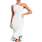 whoinshop Women's One Shoulder Mermaid Bodycon Dress Celebrity Midi Party Club Bandage Dress