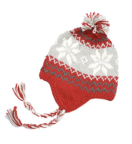Handmade Crochet Beanie Hat Snowflakes Pattern Red & Gray with Earflaps