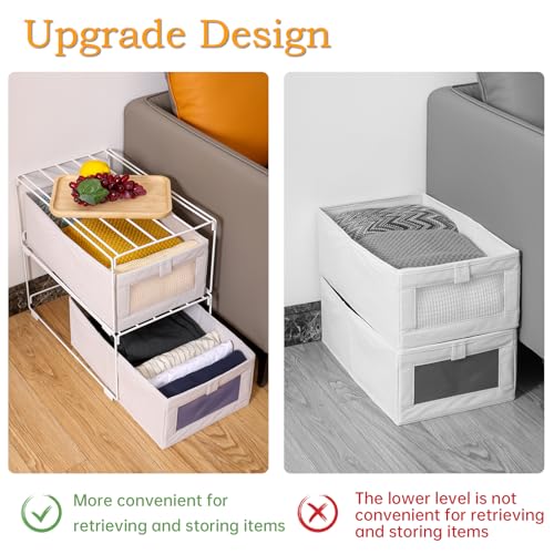 SULUNZEGER Drawer Organiser, 2 Pack Stackable Clothes Storage Box with 1 Pack Foldable Metal Closet Organizer Rack, Wardrobe Bag for Cupboard Cabinet Home Storage, (Beige) (1 set)