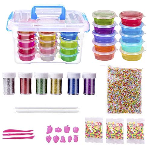 Gunsamg DIY Slime Kit Supplies for Kids,Clear Crystal Slime Making Kit, Fluffy Slime,Glitter,Colorful Foam Balls and Beads for Making Art Craft
