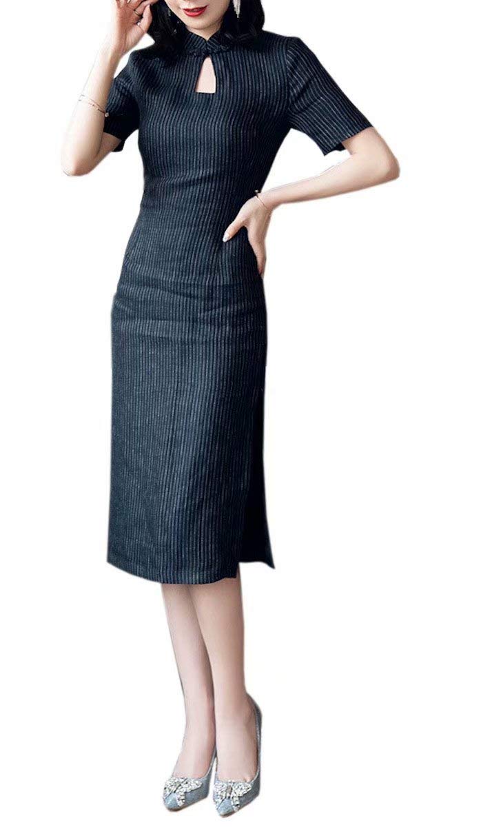 HangErFeng Women's Qipao Cotton Linen Blend Slender Stripes Classical Bygone Shanghai Cheongsam