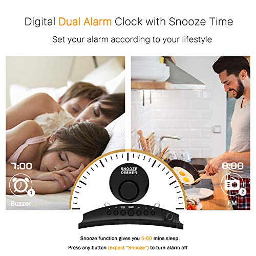 CSHID-US Projection Alarm Clock, 7'' Dimmable LED Curved Screen Digital Clock, FM Radio Alarm Clock, Adjustable Ceiling Sleep Timer for Kids Bedroom, Dual Alarms, 12/24 Hour, Snooze Function