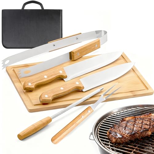 Jogo de Churrasco Tradicional 6 Peças, Kit Churrasco com Tabua, Faca Churrasco, Garfo Trinchante, Pegador para Carne e Afiador, Laminas em Aço Inox, com Bolsa Portátil, Ideal para Camping e Viagens
