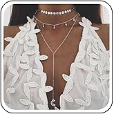 Erimberate Bohemian Layered Moon Rhinestone Choker Necklace Crystal Dangle Necklace Chain Moon Y Lariat Necklace Choker Silver Tiny Sequin Disc Choker Necklace Jewelry for Women