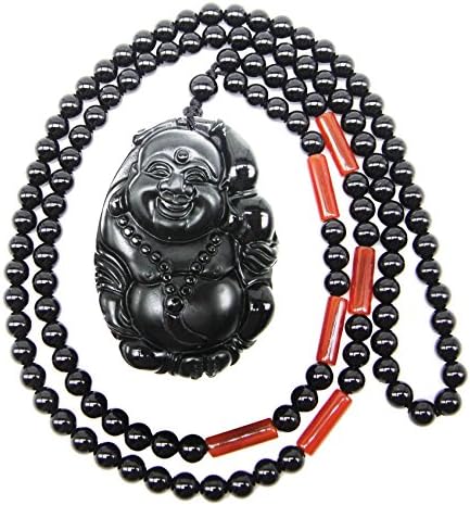 SUNNYHER Obsidian Apache Tears Stone Jewelry Laughing Buddha Talisman Chinese Amulet Pendant Beaded Long Chain Necklace for Women Men
