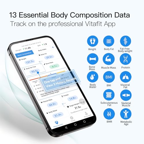Vitafit Bluetooth Connected Personal Scales, Body Fat and Body Fat Scales with 13 Body Data (BMI/Body Fat/Bone Mass), 182 kg Black