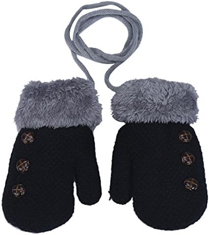 Toddler Kids Warm Knit Mittens Boys Girls Winter Gloves with Strings and Buttons