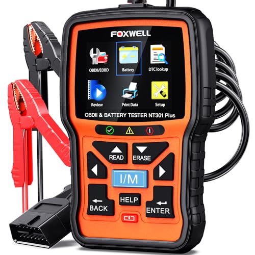 FOXWELL NT301 Plus OBD2 Code Reader Car Battery Tester 2-in-1, OBD2 Scanner Diagnostic Tool with Full OBDII Function, 12V 100-2000 CCA Battery Charging Cranking Test, I/M Readiness, Data Printing