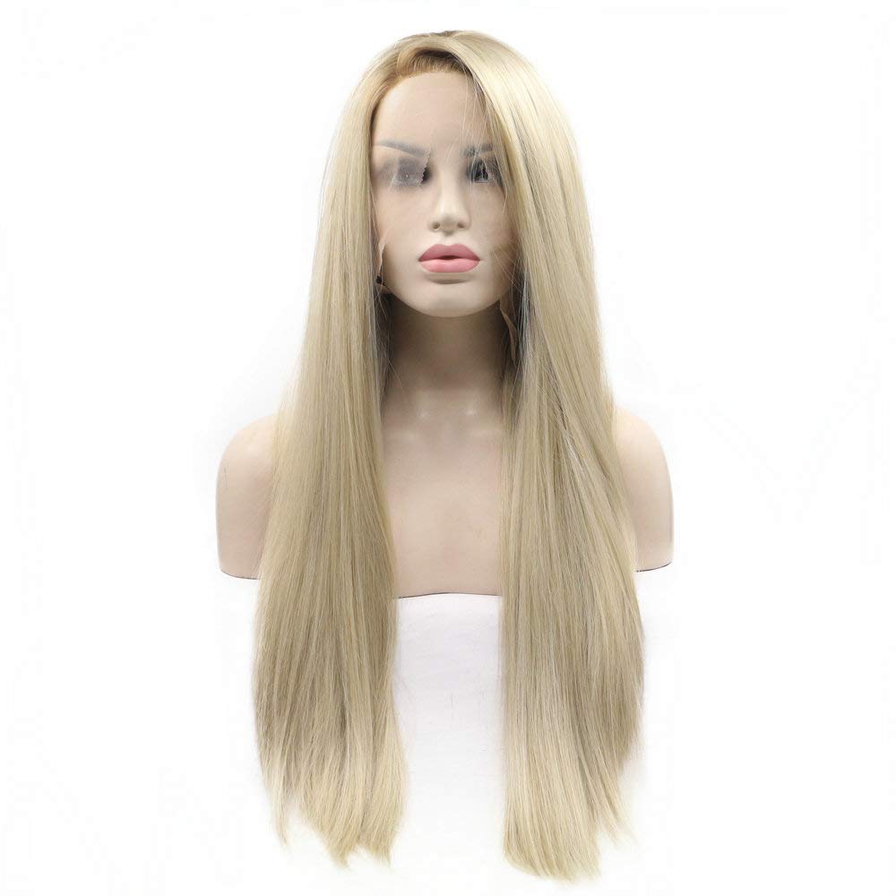 Drag Queen Blonde Wigs Side Part Short Brown Roots Ombre Blonde Lace Front Wig Long Synthetic Hair Women Ladies Cosplay Wigs