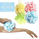 Bath Pouf Large Mesh & Lace Trim Shower Sponge Set of 4 Pack 60gr, Exfoliating Cleanse Soothe Skin Loofah Luffa Body puff Mesh Exfoliate Skin Lofah Body Scrubber Bath Pouf Bulk Men Women