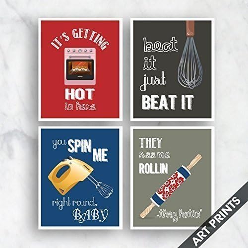 Hot in Here, Beat It, Spin Me, Rollin (Funny Kitchen Song Series) Set of 4 5x7 inch Unframed Art Prints (Featured in Colors 12, 24, 6, 26) Kitchen Art