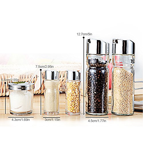 Olive Oil and Vinegar Bottle Set of 5- Glass Cruet Set Includes Small Salt/Pepper Shakers with Stainless Steel Rack , Olive Oil Dispenser Carafe Decanter for Restaurants,Kitchen