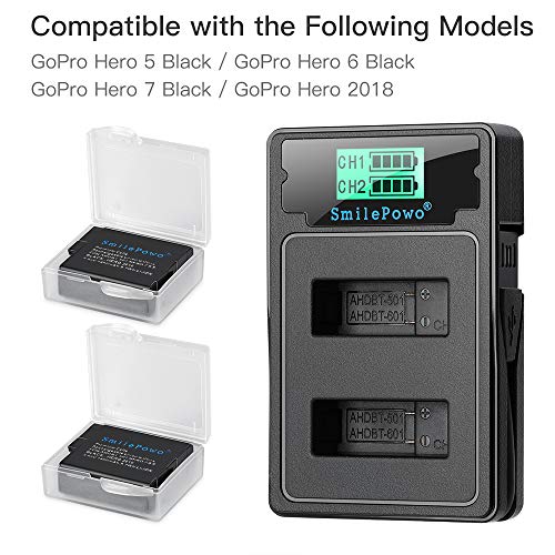 SmilePowo 1480Mah Replacement Battery(2 Pack) and LCD Display USB Charger for GoPro Hero 7 Black, Hero 6 Black,Hero 5 Black,Hero 2018,AHDBT-501,Gopro Accessories(Fully Compatible with Original)