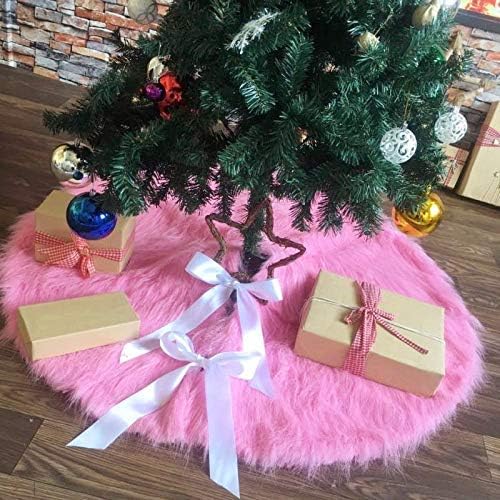 DOYOLLA Faux Fur Christmas Tree Skirt 48 inch Pink Xmas Tree Skirt Holiday Decorations Pet Favors