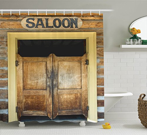 Ambesonne Saloon Decor Collection, Authentic Saloon Doors Of Old Western Building In Montana Ghost Town Image Print, Polyester Fabric Bathroom Shower Curtain Set with Hooks, Sienna Cream Brown