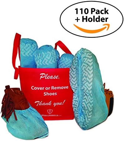 110 Pack Premium Disposable Boot &amp; Shoe Covers &amp; 1 RED BOOTIES HOLDER by PedaShield | Durable, Water Resistant, Recyclable | One Size Fits Up to XL Men's 13 | Built for 25 percent MORE USE (111 pcs)