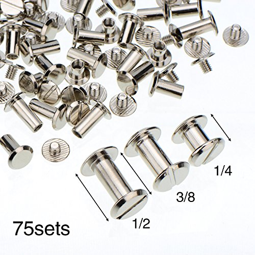 TecUnite Screw Post Metal Chicago Screws Binding Screw Leather Screw Nail Rivet Button Solid Belt Tack Screw, 1/4, 3/8 and 1/2 Inch, Silvery (75)