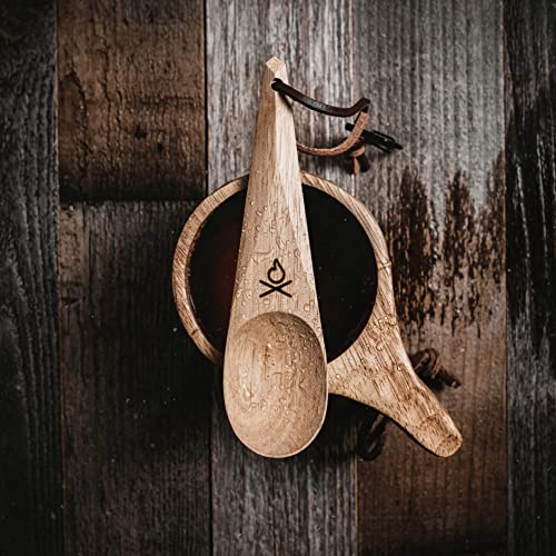 Überleben Dursten Kanu Spoon - Handcrafted Wooden Camping Utensil - 100% Natural Hardwood with Micro Carabiner & Leather Lanyard - Traditional Nordic Wood Design - Lightweight & Durable