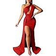 LAGSHIAN Women Sexy Elegant One Shoulder High Split Cutout Long Evening Dress