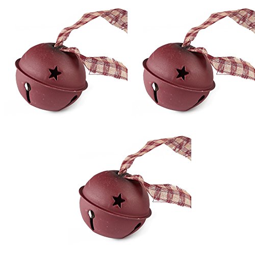2 Inch Matte Red Jingle Bells with Homespun Hanger for Christmas Decor - 3 Jingle Bells