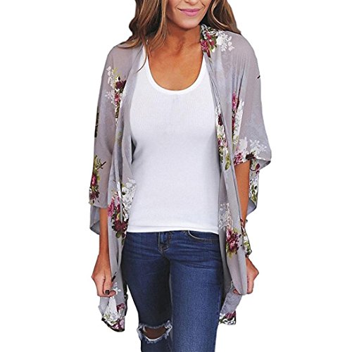 Tootu Women Chiffon Loose Shawl Print Kimono Cardigan Top Cover Up Blouse Beachwear (M, Gray)