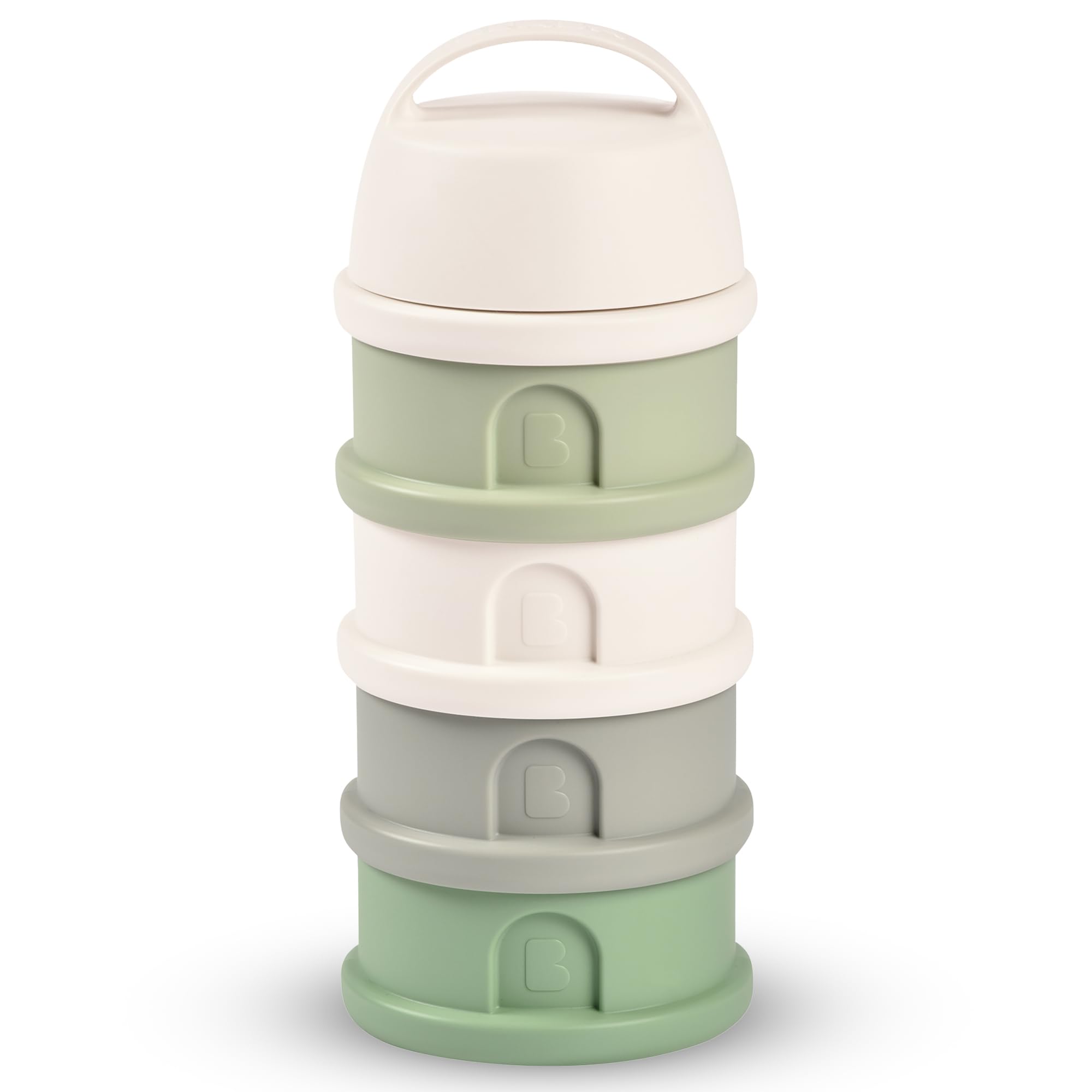 BEABA, Stackable Milk Dispenser, 100% Hermetic, 4 compartments, Made in France, Large Capacity, Evolutive use, Cotton White/Sage Green