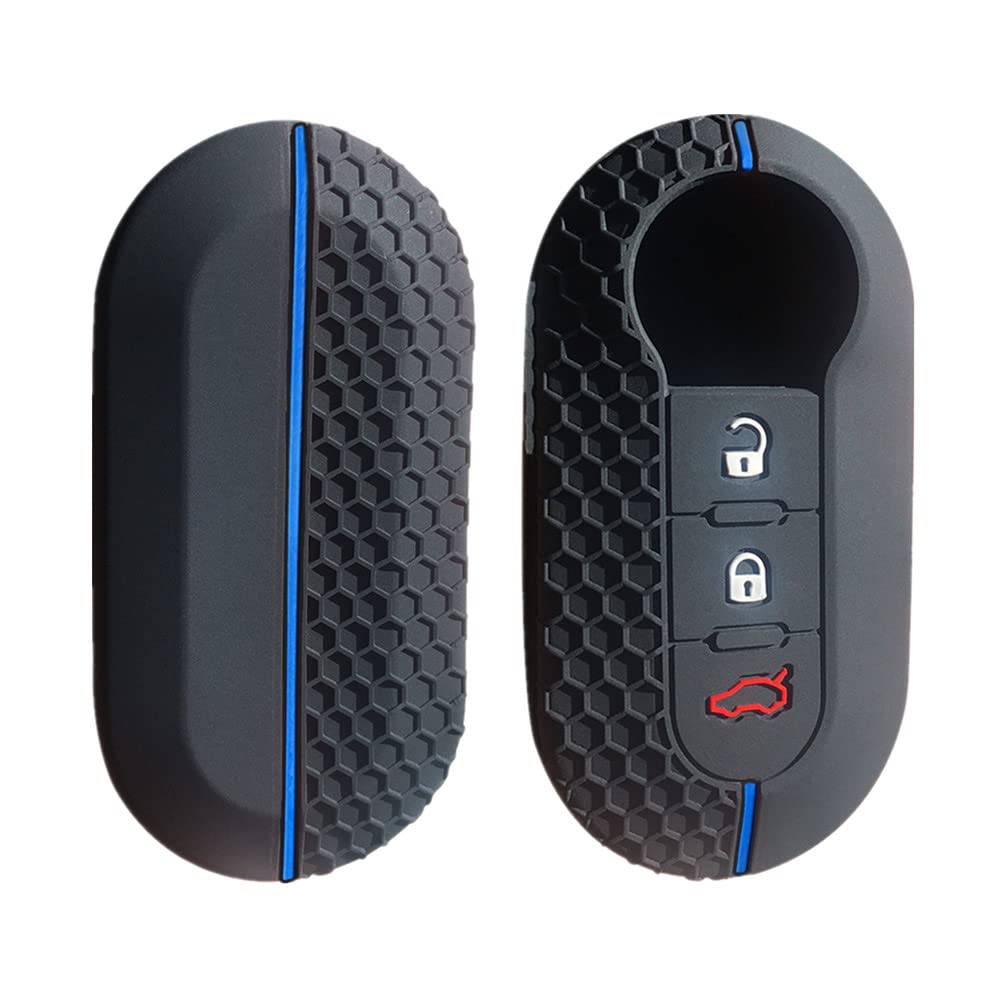 通用 Happyit Silicone Remote Fob Car Key Cover Cases for Fiat 500 Ducato Panda 500L Punto Lancia Musa (Black + Blue)