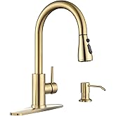 APPASO Gold Kitchen Faucet with Soap Dispenser, S304 Stainless Steel Single Handle Sink Faucets with Pull Down Sprayer 3 Modes, Modern High Arch with Deck Plate for 1 to 4 Hole Bar Farmhouse Laundry