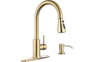APPASO Gold Kitchen Faucet with Soap Dispenser, S304 Stainless Steel Single Handle Sink Faucets with Pull Down Sprayer 3 Modes, Modern High Arch with Deck Plate for 1 to 4 Hole Bar Farmhouse Laundry