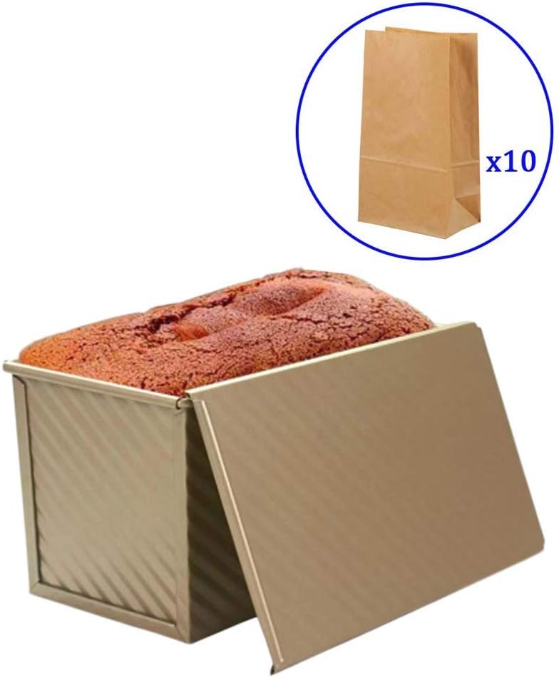 Xloves Pullman Bread Pan with Lid, Non-Stick Wavey Carbon Steel Loaf Pan Rectangular Cheese Toast Maker, Bonus 10 Pieces Kraft Bread Bag