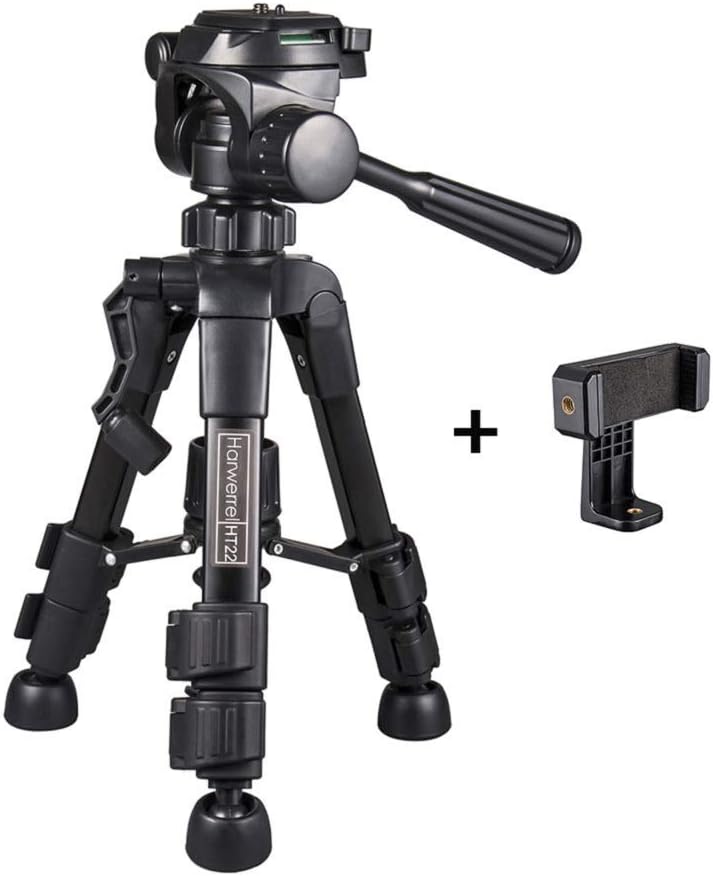Harwerrel Mini Tabletop Tripod Stand Desktop Travel Tripod with 3-Way Pan Head Quick Release Plate Phone Holder for DSLR Camera Smartphones Projector Spotting Scope Camcorder (Black)