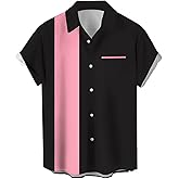 Men's Vintage Bowling Shirts 1950s Casual Short Sleeve Button Up Contrast Shirt Summer Color Block Cuban Shirts