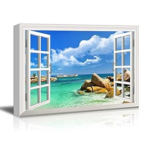 Creative Window View Canvas Prints Wall Art - Tropical Landscape Seychelles Paradise - 24" x 36"