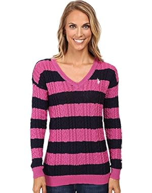 Womens 7 Gage Stripe V-Neck Cable Knit Sweater