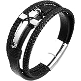 REchoLI Cross Bracelet for Men,Stainless Steel Black Braided Leather Religious Bracelet with Stainless Steel Silver Cross Stylish Christian Jewelry 21 cm / 8.26 inches