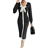 Wenrine Womens V Neck Sweater Dress Fall Long Sleeve Button Knit Bodycon Color Block Bow Tie Elegant Midi Dresses