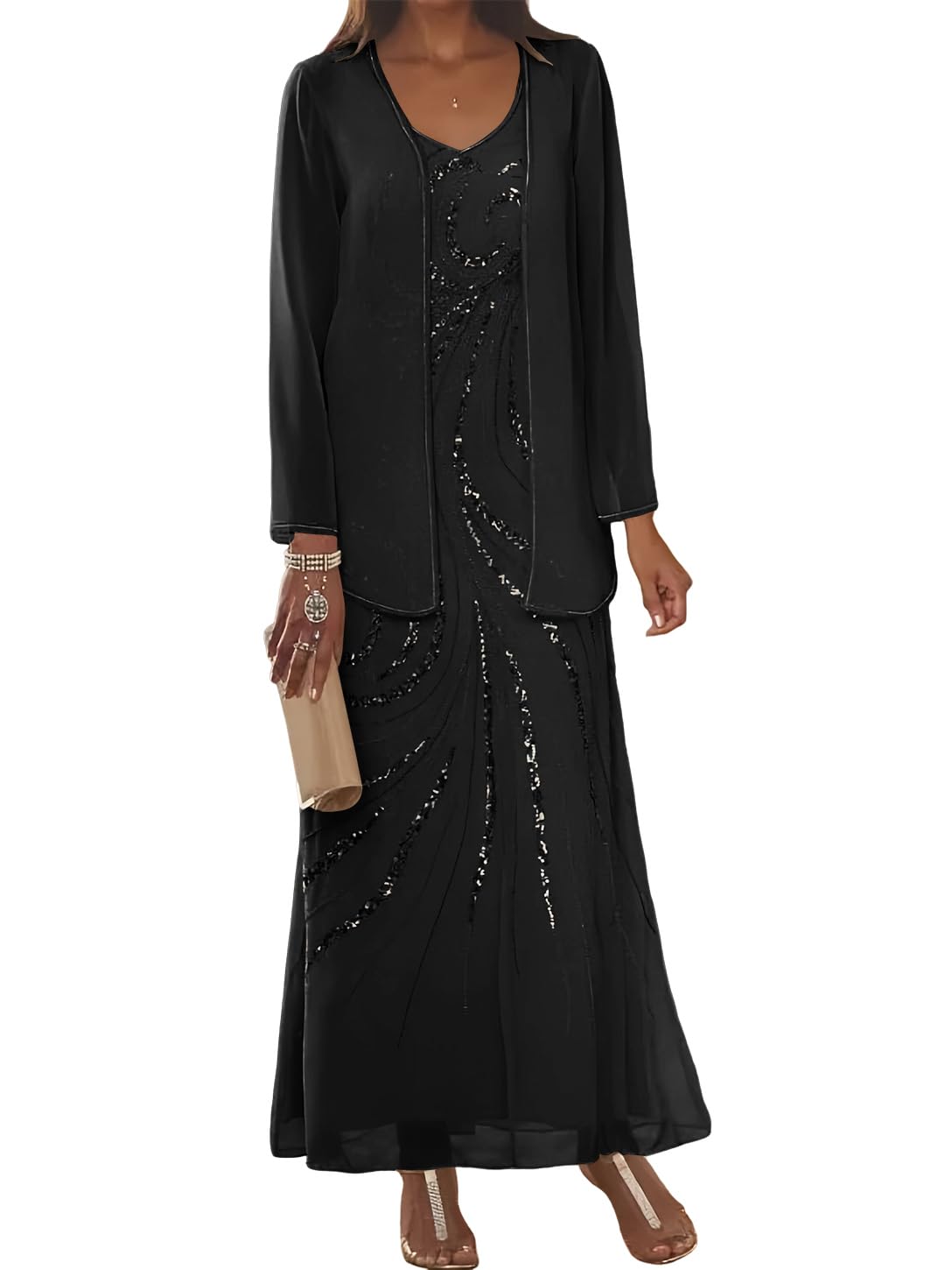 Photo 1 of Clothfun Simple V Neck Plus Size Sparkly Mother of The Bride Dress with Jacket Black Long A-Line Chiffon Evening Party Dress 2025 18W