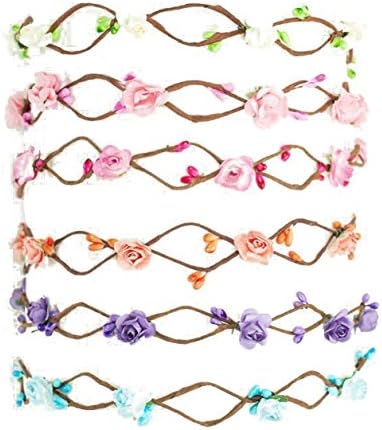 Boho Flower Crown for Bride and Bridesmaid Bachelorette Floral Headband Flower Wreath (6 Pack Bundle: 1 of Each Color (White, Light Pink, Dark Pink, Purple, Blue, Peach), 6)