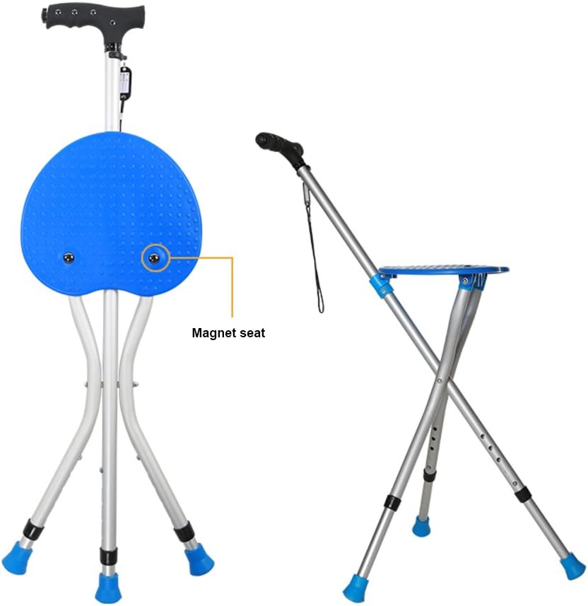 Elderly Disability Walking Stick,Lightweight Adjustable Height Folding Massage Crutch with Seat,A