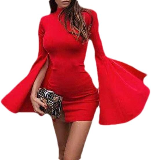 SOWTKSL Women High Neck Solid Color Fashion Flared Split Sleeves Slim Fit Mini Dresses : Amazon 