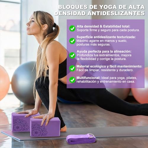 2 Bloques de Yoga Block, Bloques de Espuma EVA con 1 Correa de Yoga, para Bloque de Yoga Suaves, Resistente al Olor y Antideslizante para Yoga, Pilates, Meditación, Apoyar y Profundizar Posturas